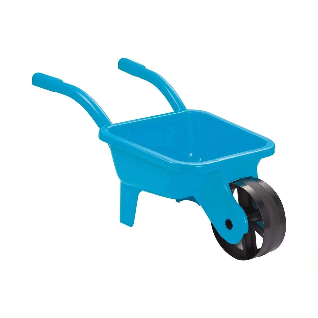 Blue plastic wheelbarrow with shallow tub, curved handles, two black wheels