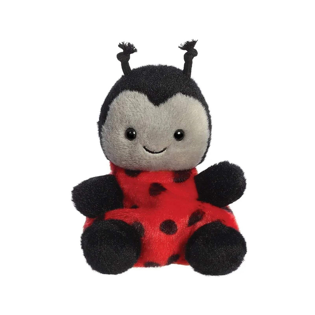 Ladybird soft toy plush with red body, black spots, black arms, smiling face