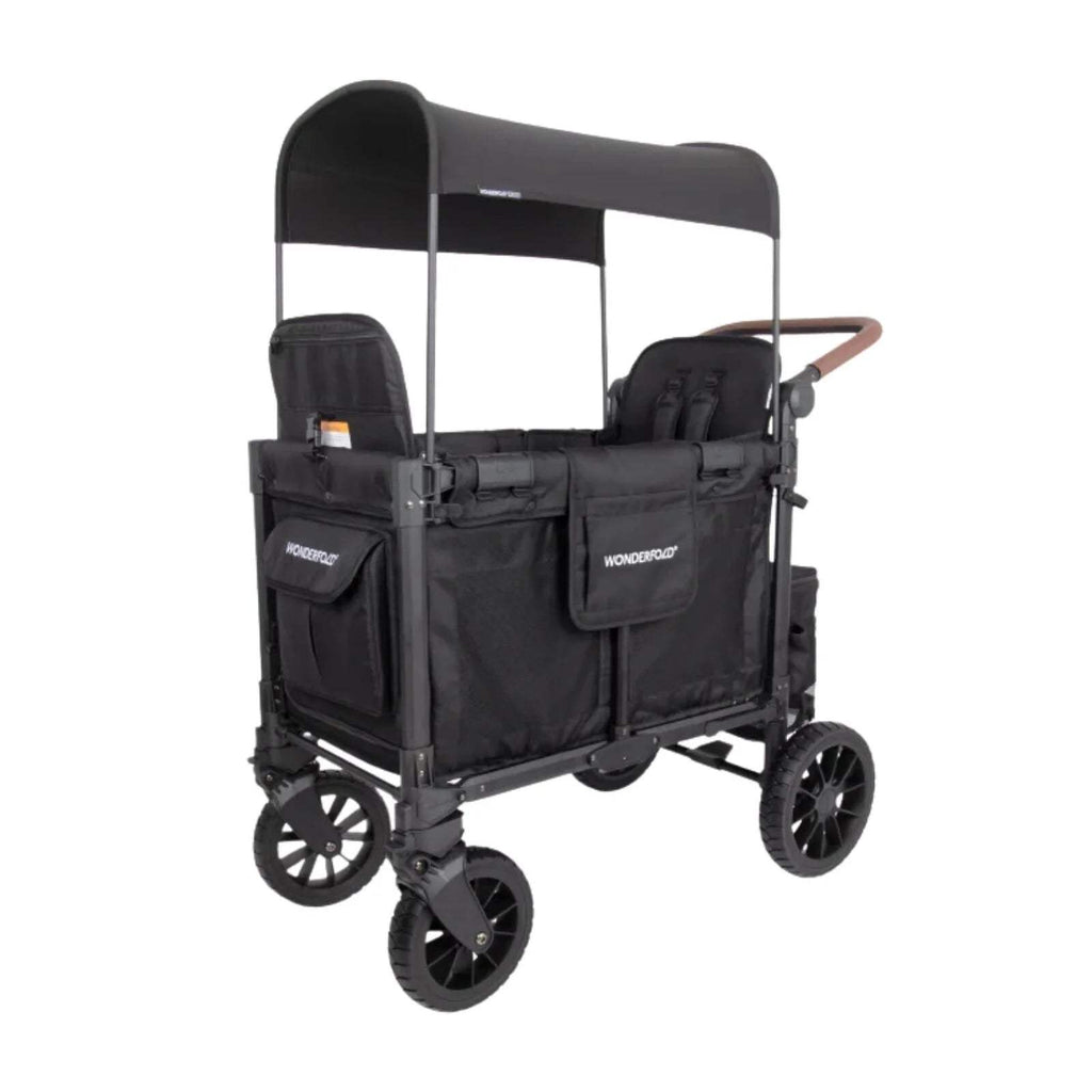 Jet black stroller wagon with canopy, padded seats, and five-point harness straps