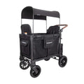 Jet black stroller wagon with canopy, padded seats, and five-point harness straps