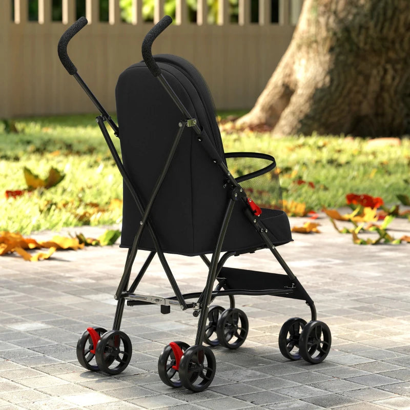 Black pet stroller with mesh panel, curved handle grips, and red wheel accents