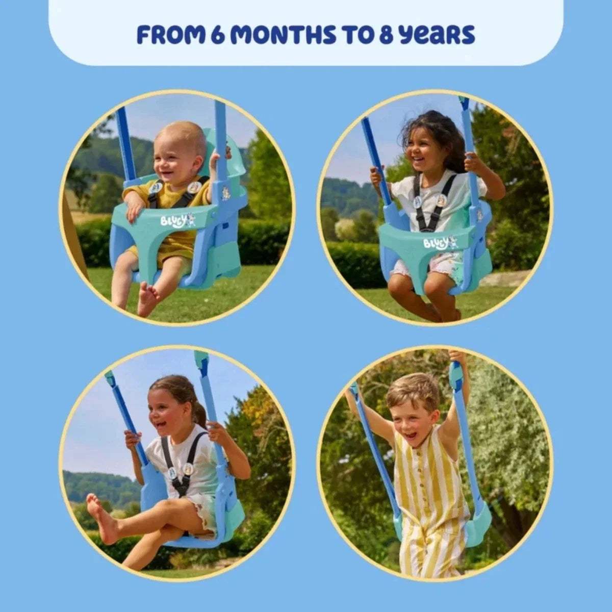 Wooden swing seat stages featuring a child using the turquoise and blue seat