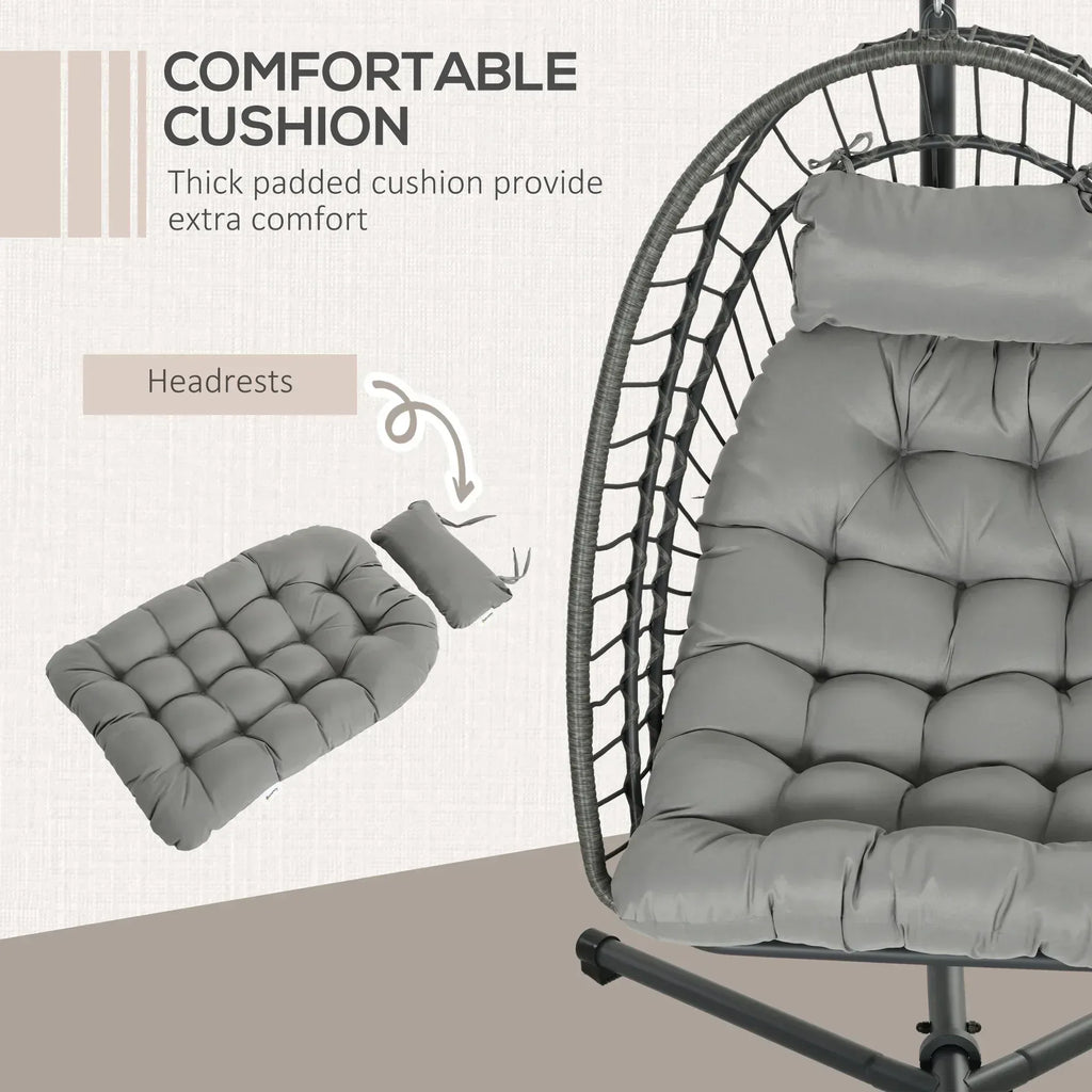 Outdoor PE Rattan Swing Chair with Foldable Basket and Cushion, Garden Patio Hanging Egg Chair with Metal Stand, Headrest for Indoor and Outdoor, Light Grey - Bobobiy