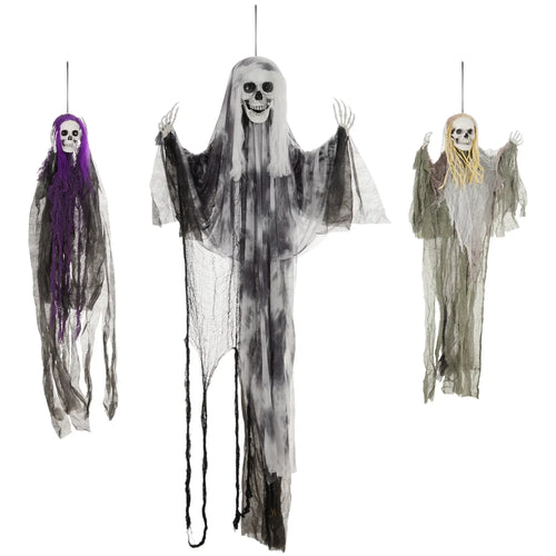 Set of 3 hanging skeleton Halloween decorations: purple, grey, and green ghost figures