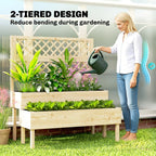 Two-tier wooden raised garden planter with trellis and potted greenery