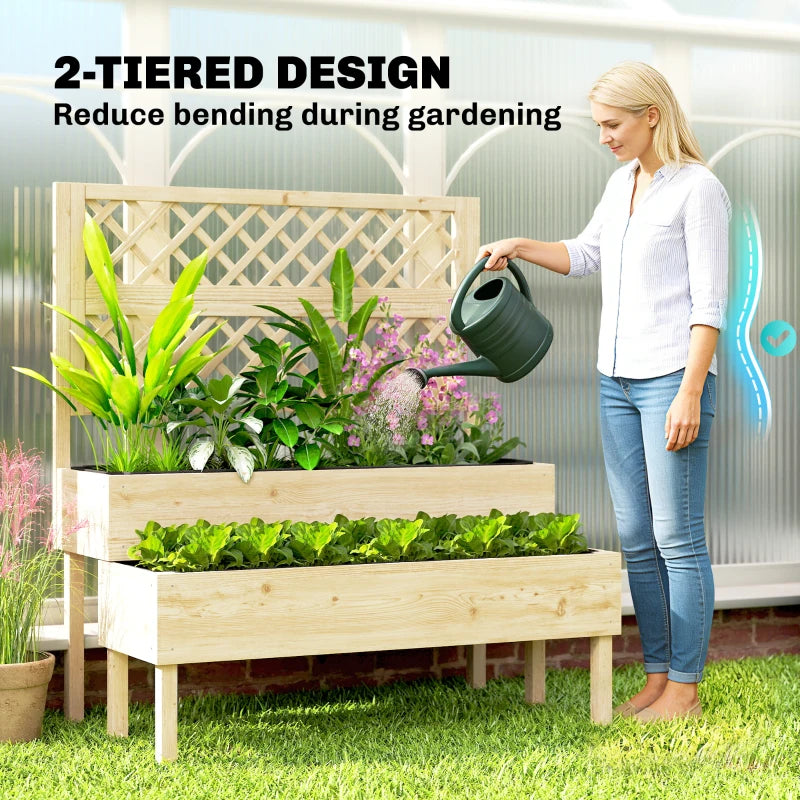 Two-tier wooden raised garden planter with trellis and potted greenery