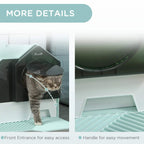 Hooded cat litter tray with dark green entrance hood, front access door, and handle