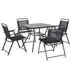 Black metal outdoor dining set with square table and four folding mesh armchairs