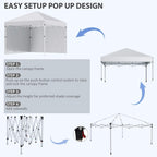 White pop-up gazebo with pop-up frame design and sidewalls, easy setup diagram