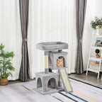 Grey multi-level cat tree with circular perch, enclosed cubby, and sisal scratching ramp