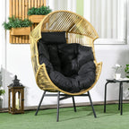 Woven rattan egg chair with thick black cushioned seat and backrest
