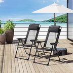 Set of 2 black folding recliner patio chairs with adjustable backrest, reclined position