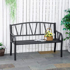 Black metal two-seat garden bench with slatted backrest and armrests