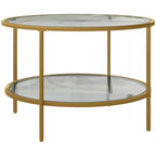 Round gold-tone steel coffee table with two clear tempered-glass tiers and open base storage