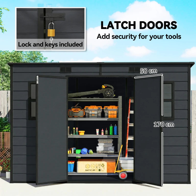 Dark grey resin shed with open double doors, latch lock, and organized interior shelves
