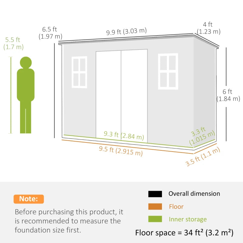 Rectangular outdoor storage shed layout with dimension lines and floor space.