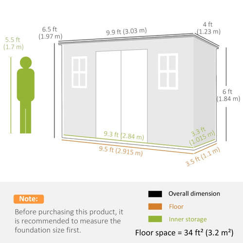 Rectangular outdoor storage shed layout with dimension lines and floor space.