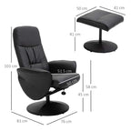 Black PU leather swivel recliner chair with footstool and round base, side view