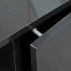 Close-up of grey floating TV stand bracket and inner cable access channel