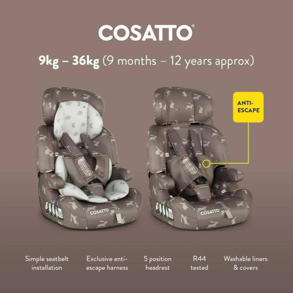 Brown Cosatto car seat with white animal print, rear view of padded harness and liners