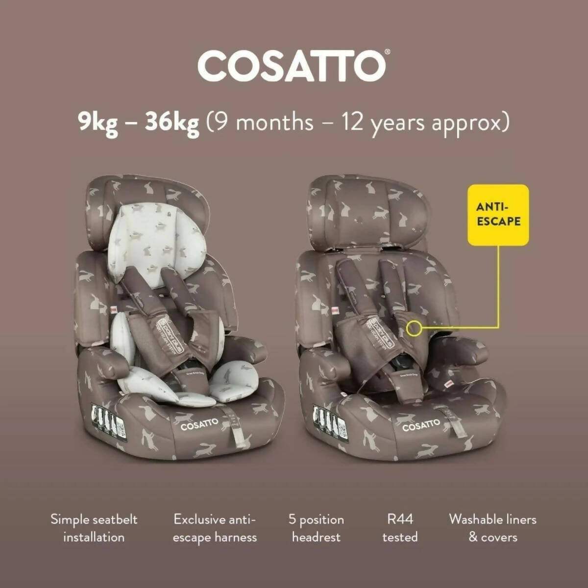 Brown Cosatto car seat with white animal print, rear view of padded harness and liners