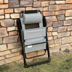 Set of 2 grey folding patio recliner chairs with cushioned backrest and black base