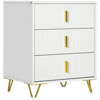 White three-drawer chest with ribbed fronts, gold bar handles, and gold curved legs