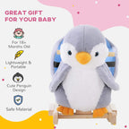 Front view plush penguin rocking horse with orange beak, blue eyes, and wooden rocker base