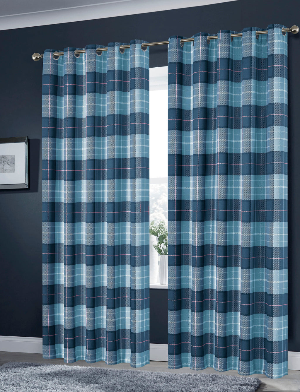 Thermal check curtain panel in blue tones with white stripes and grid lines