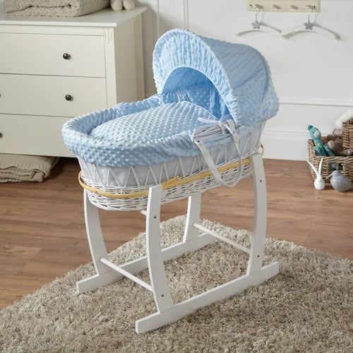 Light blue wicker baby moses basket with wooden stand and hooded bedding