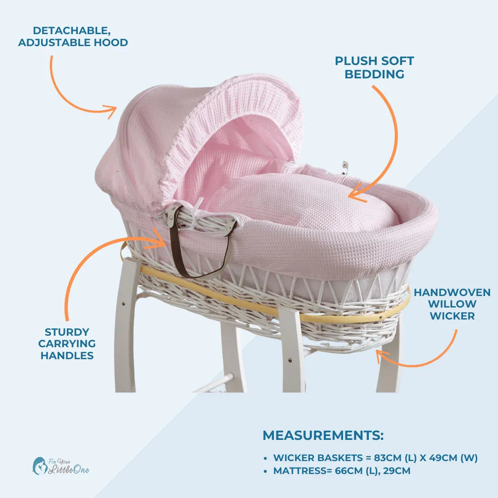 Pink Waffle White Wicker Baby Moses Basket With Stand - Bobobiy