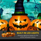 Illuminated inflatable jack-o'-lantern pumpkin with witch hat and small glowing pumpkins