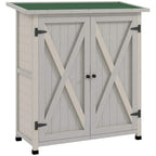Light grey compact wooden storage shed with double doors and cross-brace paneling
