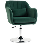 Dark green velvet swivel tub chair with padded seat and round steel base
