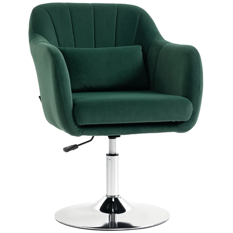 Dark green velvet swivel tub chair with padded seat and round steel base