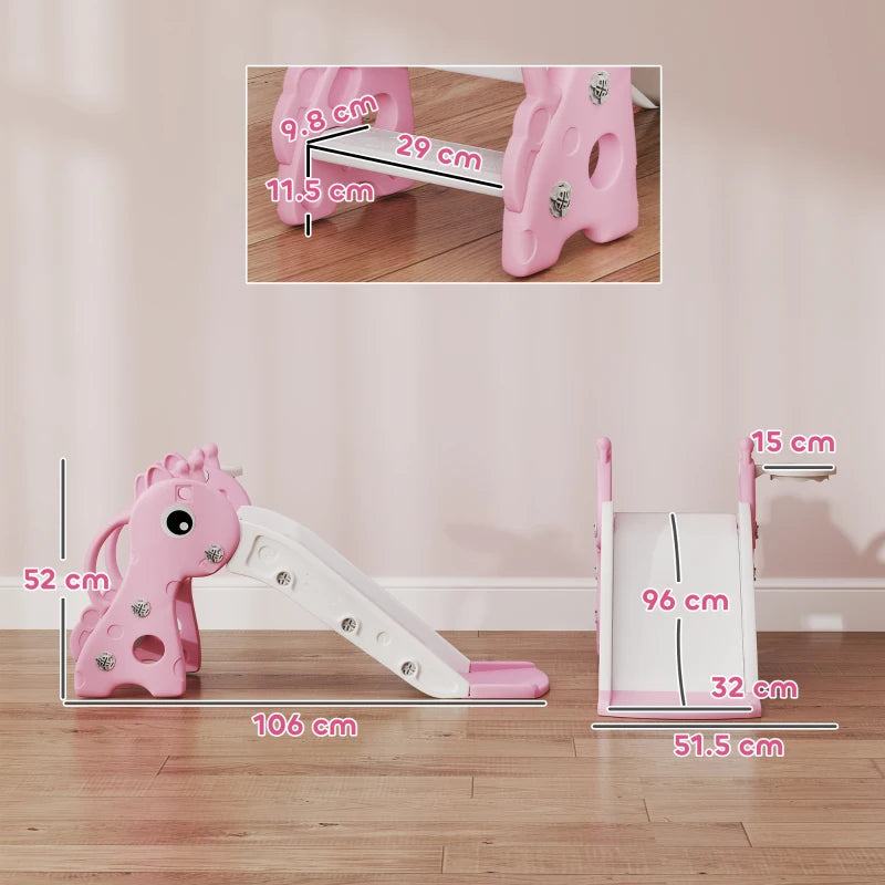 Pink kids slide and climber set with giraffe front, white ramp and basketball hoop