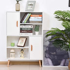 White bookcase cabinet with open shelves, two doors, wooden handles, and wooden legs
