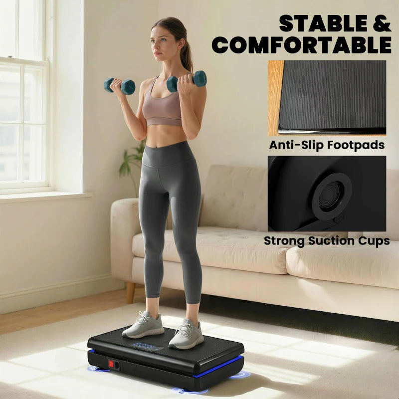 Black vibration plate exercise machine with anti-slip footpads, shown with resistance bands