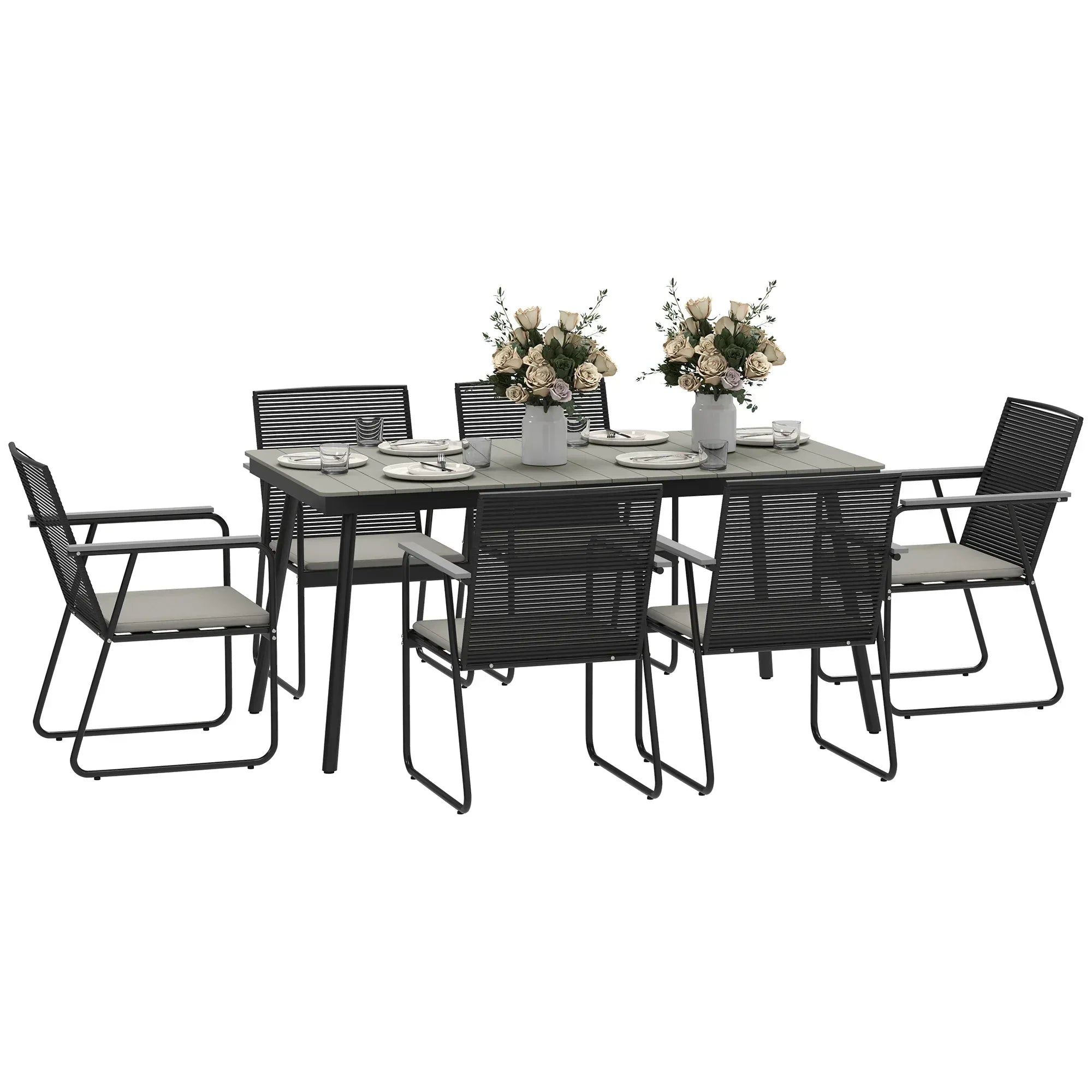 6 Seater Garden Dining Set with Soft Cushions, Rattan Backrest, Rectangular Plastic Top, Garden Furniture Set, Outdoor Dining Table and Chairs for Patio, Balcony, Poolside, Grey - Bobobiy