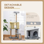 Grey cat tree tower infographic featuring removable felt cat box and perches