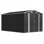 Dark grey outdoor metal storage shed with double doors and apex roof