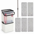 Compact flat mop and bucket set with wringer and gray microfiber pads, white bucket