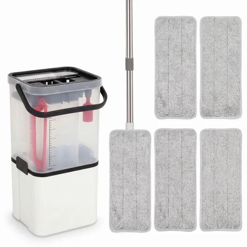 Compact flat mop and bucket set with wringer and gray microfiber pads, white bucket