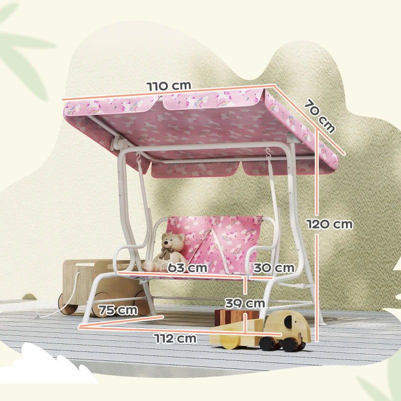 Kids pink 2-seat porch swing bench with canopy and fitted seat back, measured view