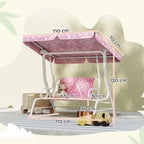 Kids pink 2-seat porch swing bench with canopy and fitted seat back, measured view