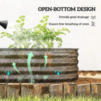 Open-bottom dark grey metal planter box cutaway for drainage and root aeration