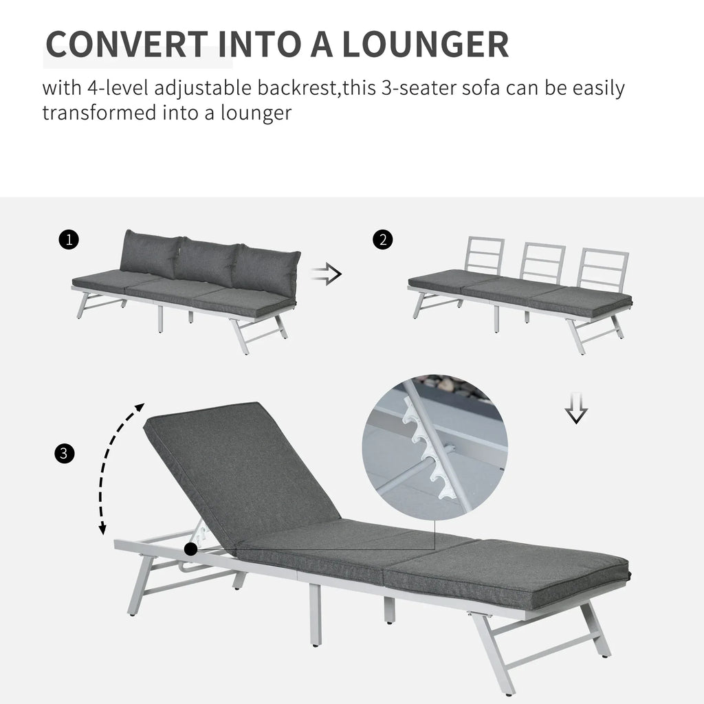 3 Pieces Garden Furniture Sets, 6 Seater Corner Sofa Set with Adjustable Backrest Chase Lounge with Slatted Metal Top Table, Padded Cushion, Grey - Bobobiy