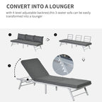 Grey 3-seat patio sofa convertible to lounger with adjustable backrest cushions