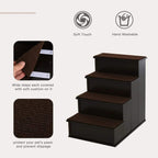 Pet stairs with brown cushioned steps and non-slip carpet treads in dark brown