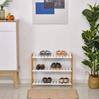 Compact natural wood 3-tier shoe rack with white slatted shelves for open storage
